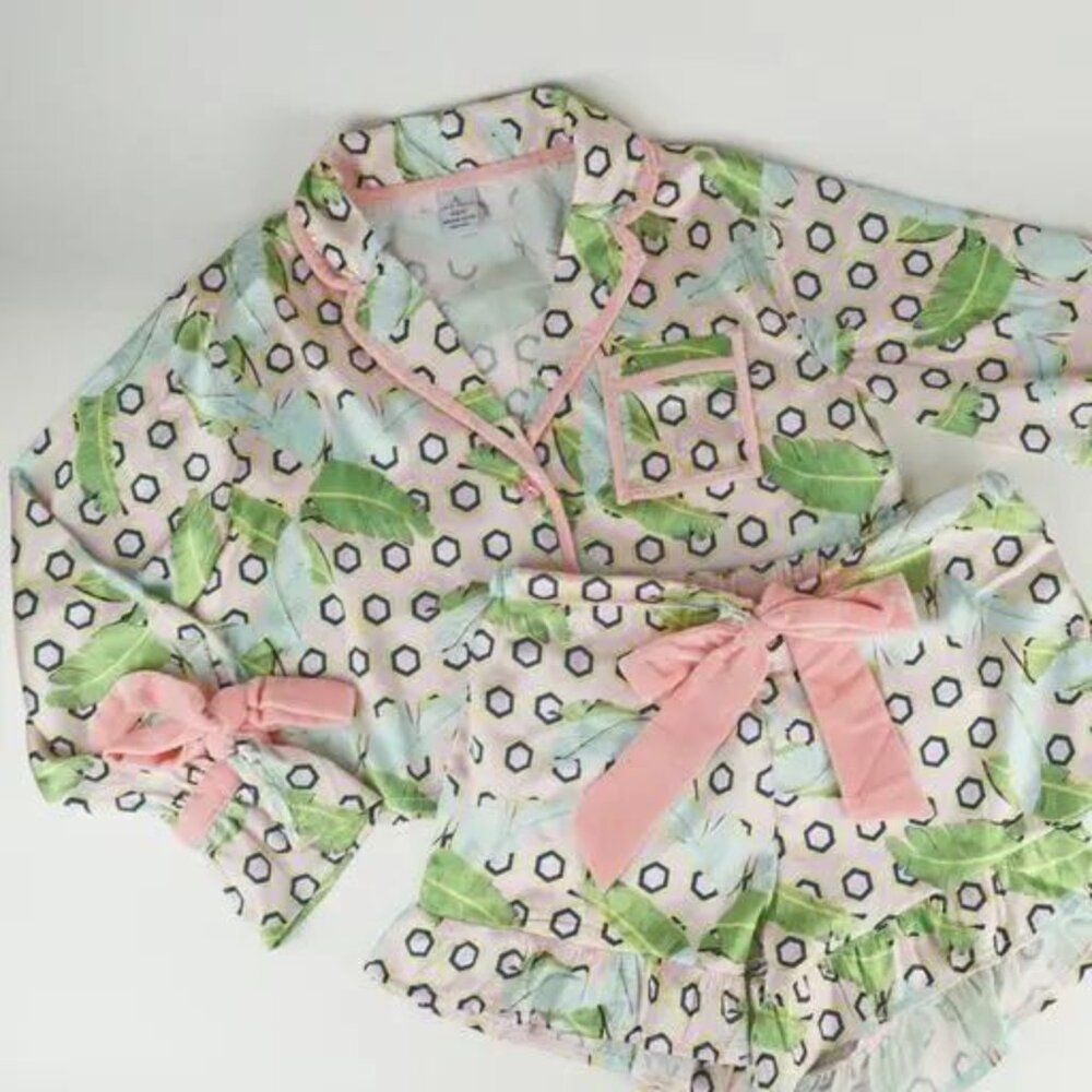 Geo Palm Satin Short PJ Set - Picture 2 of 3